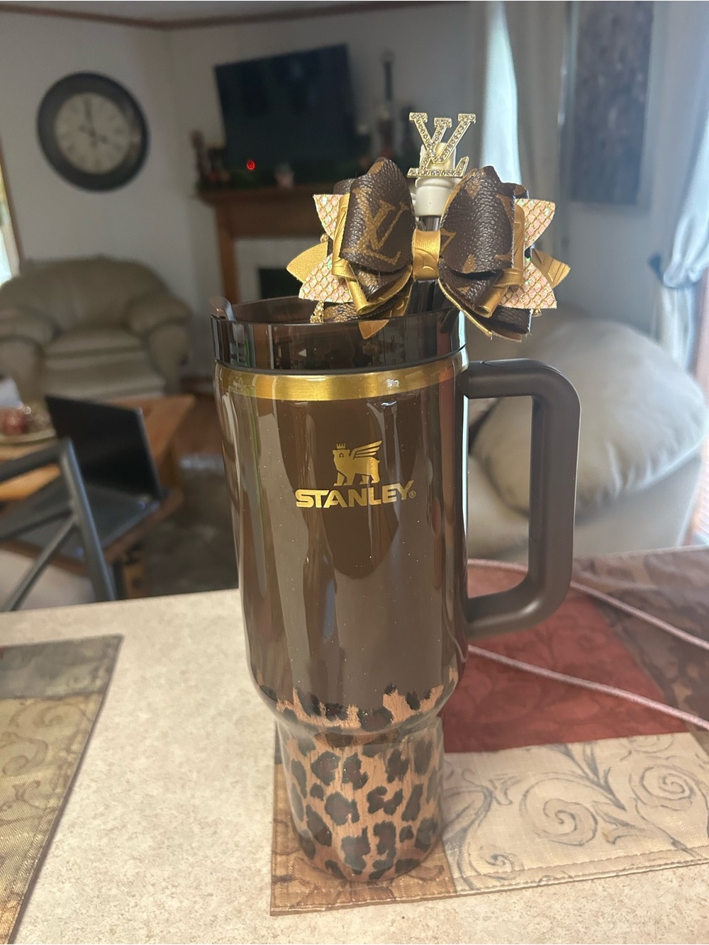 Stanley Brown and Gold Leopard Print Travel Mug with Decorative Bow